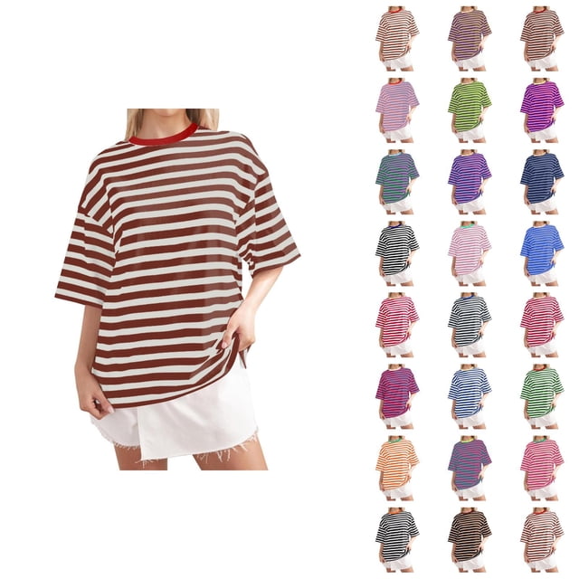 T-shirts Rayés pour Femmes 2026 Été à la Mode Manches Courtes Col Rond Confortables Légers