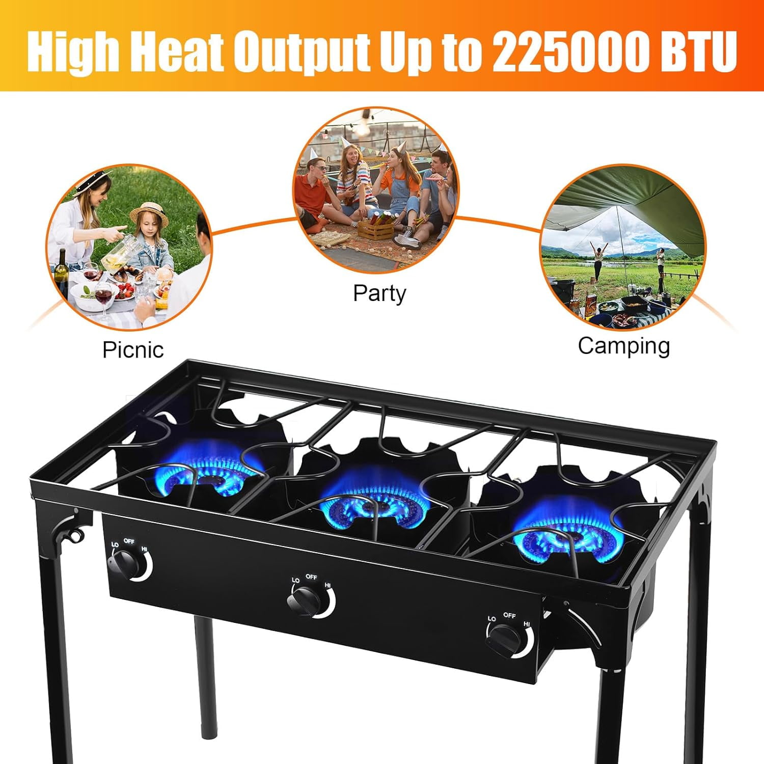 225,000-BTU High-Pressure Outdoor Propane Gas Stove, 3-Burner Camp Cooker with Detachable Legs for Camping, Patio, Tailgating & Backyard Cooking