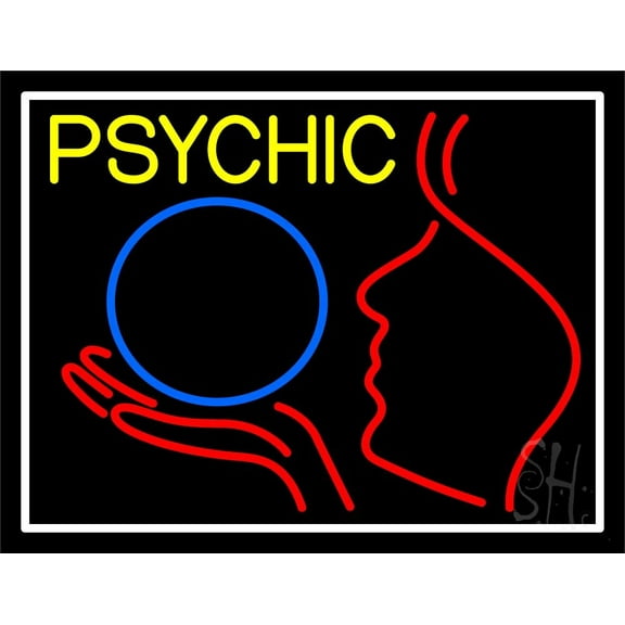 Yellow Psychic And Psychic Crystal Logo With White Border LED Neon Sign 15" Tall x 19" Wide - inches Black Square Cut Acrylic Backing, with Dimmer - Premium built indoor LED Neon Sign for Storefront.