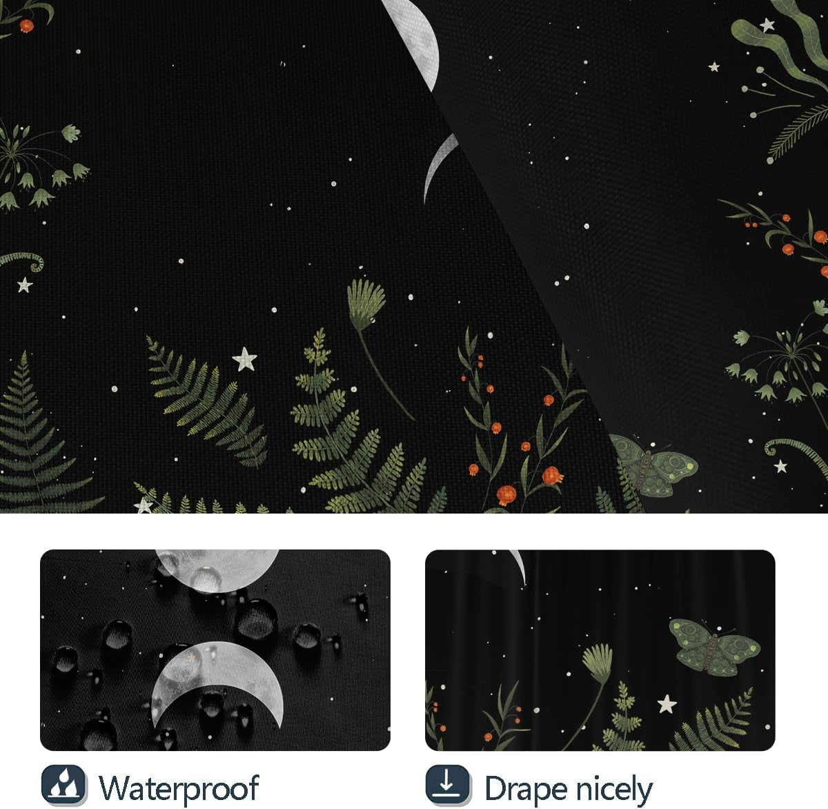 Moon Phase Shower Curtain Moonlit Goth Gothic Witch Witchy White Mysticism Celestial with Red Floral Leaves Plants Design Bathroom 36x72 Inch Polyester Fabric Waterproof 12 Pack Hooks