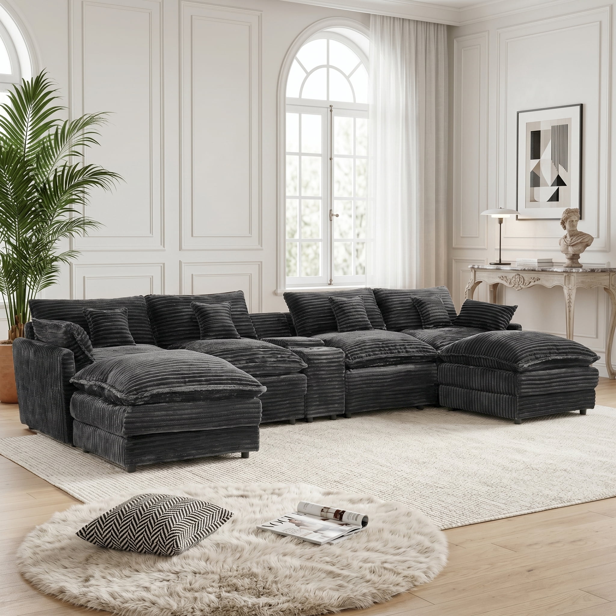 ANPPORT Luxury 145" U Shaped Cloud Modular Sectional Sofa, Corduroy Deep Seat Couch with Storage Console, USB Ports & Cup Holders for Living Room, Grey