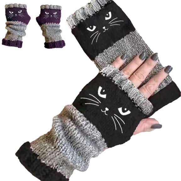 Women’s Knitted Fingerless Gloves with Cat Embroidery, Thick Warm Winter Gloves with Cat Face Designs, Warm and Cozy Cat Gloves