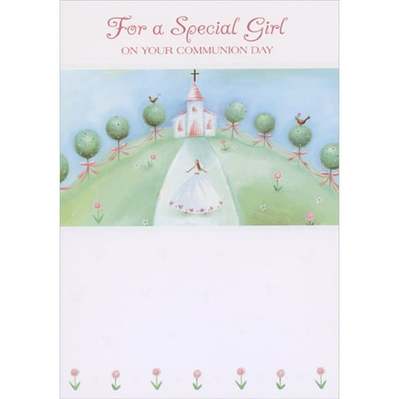 Designer Greetings Girl in White Dress Walking Up Path Toward Church 1st / First Communion Congratulations Card for Girl