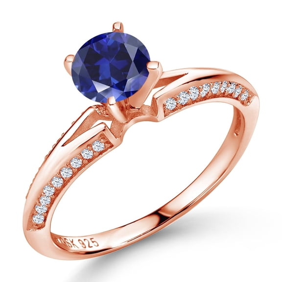 Gem Stone King 1.58 Ct Round Blue Created Sapphire 18K Rose Gold Plated Sterling Silver Ring (Size 9)