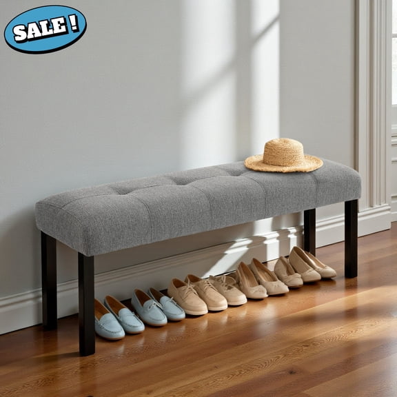 GZXS 47.24" Linen Upholstered End of Bed Bench with Tufted Button Seat, Farmhouse Padded Dining Bench with Solid Wood Legs, for Kitchen, Living Room, Hallway (Gray)