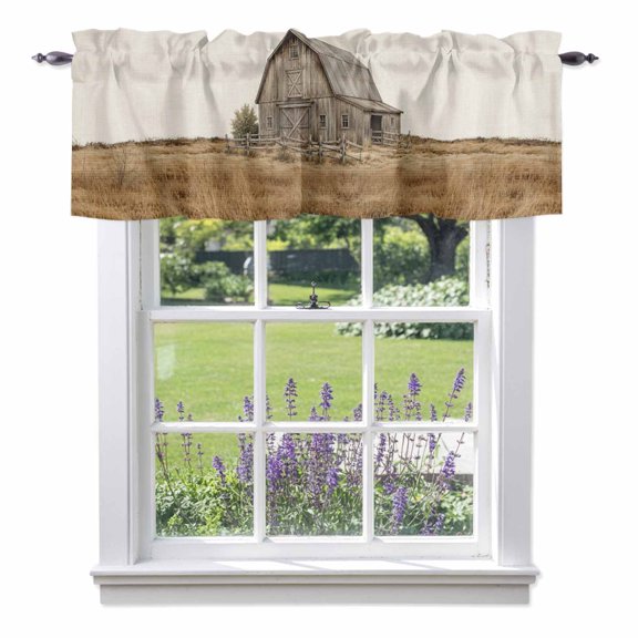 Kitchen Cafe Valance Curtain for Small Windows,Rustic Wooden Barn on Burlap Rod Pocket Short Valances,42x12in
