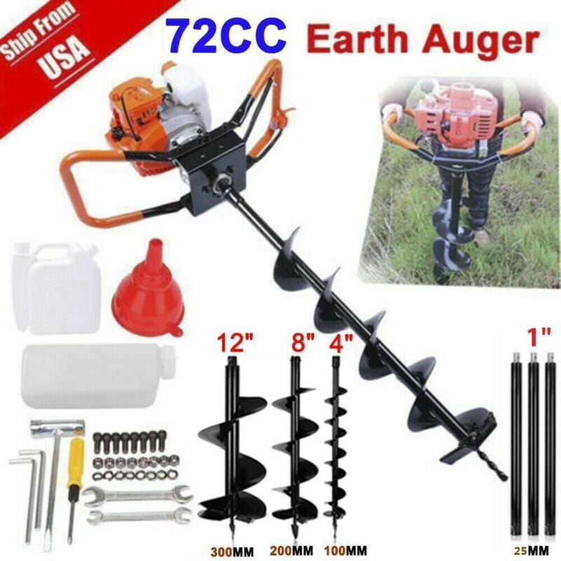 4HP 72CC Gas Powered Post Hole Digger With 4" 8" 12" Earth Auger Digging Engine. 