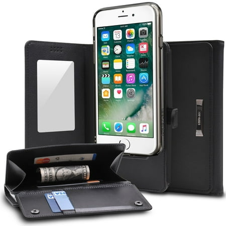 Ringke Wallet Case Compatible with iPhone 7, Camera Slide, Card Slot Holder, Premium PU Leather, Flip Mirror Wallet Cover - Black