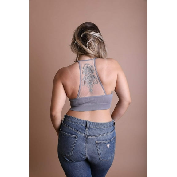 Tattoo Back Bralette, Breathable Mesh Racerback Bralette, Embroidered Floral Mesh, Super Stretchy Banding