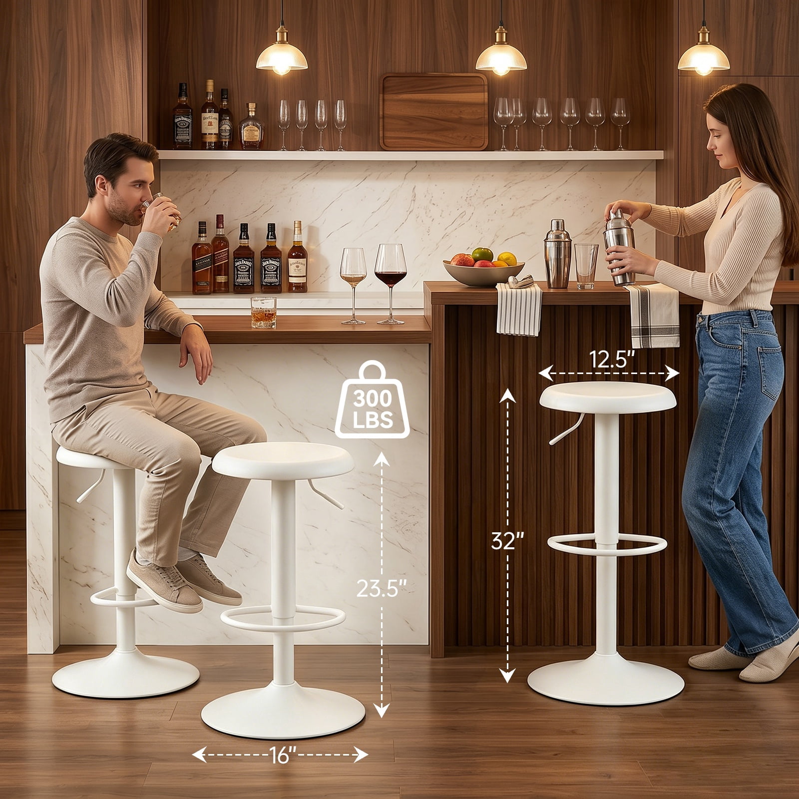 Single White Bar Stool, Adjustable 360° Swivel Counter Height Bar Stool, Industrial Backless Metal Bar Chair for Kitchen Island with Footrest