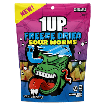 1UP Freeze Dried Sour Worms, 2.0 oz Resealable ,(1Bag)