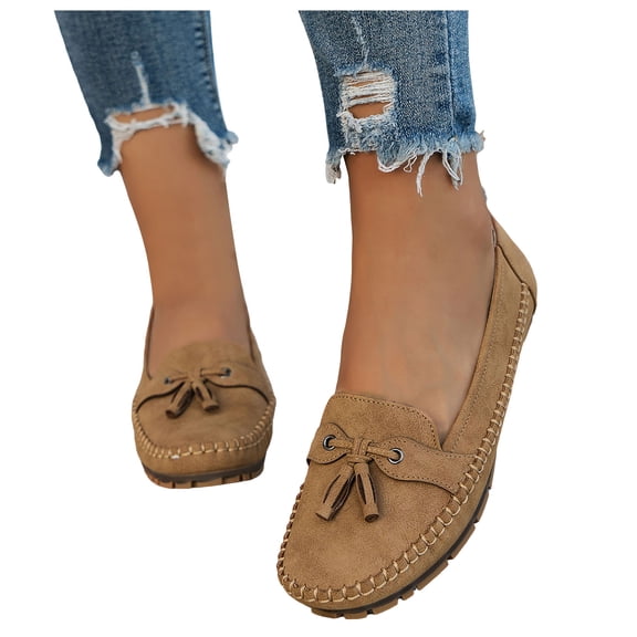 Womens Penny Loafers Casual Slip on Orthopedic Shoes with Arch Support Round Toe Stitching Tassel Nonslip Moccasin Driving Shoes Khaki Size 9.5