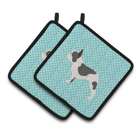 

French Bulldog Checkerboard Blue Pair of Pot Holders