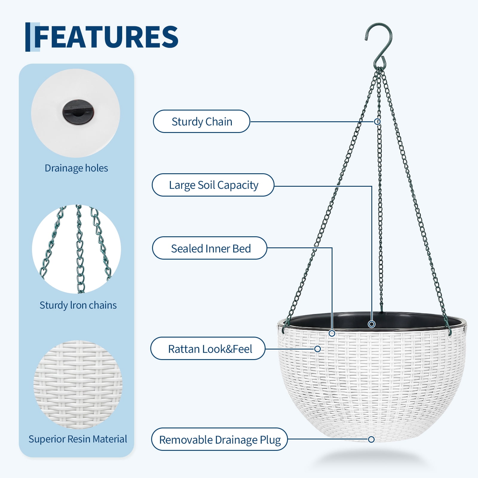 Self Watering Hanging Planter 13.8 Inch – 2 Pack Resin Rattan Basket with Drainage Plug, Deep Inner Pot & Sturdy Metal Triple-Chain