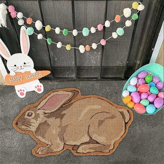 Happy Easter Bunny Doormat, Natural Fiber Coir Easter Doormat, 35inch Non Slip Cute Rabbit Floor Mat for Indoor Outdoor Front Door Entrance Home Bathroom Living Room (Coffee)