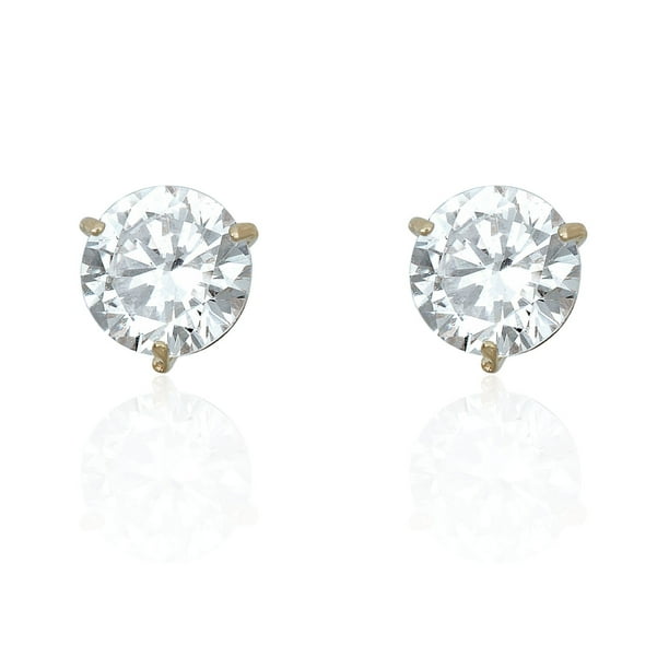 14k White Gold Round Cubic Zirconia Stud Earrings - 2.5mm Solitaire With Silicone Pushbacks (Made In USA)
