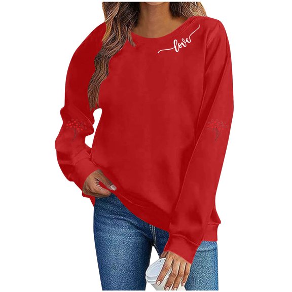 SELONE Women's Sweatshirts Valentine's Day Heart Print Long Sleeve Shirt Crewneck Tops Casual Outerwear Red L