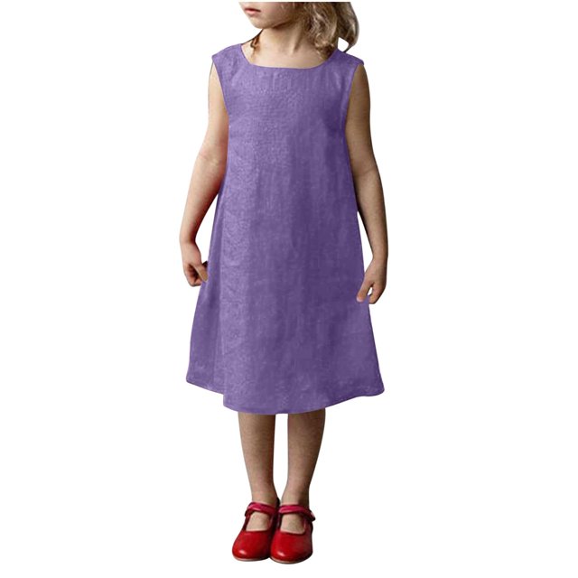 Tranfacy Robe d'Été pour Filles, Robe Sans Manches pour Tout-Petites Filles, Robe Sans Manches à Col Rond en Lin Uni pour Enfants d'Âge Moyen avec Laçage au Dos