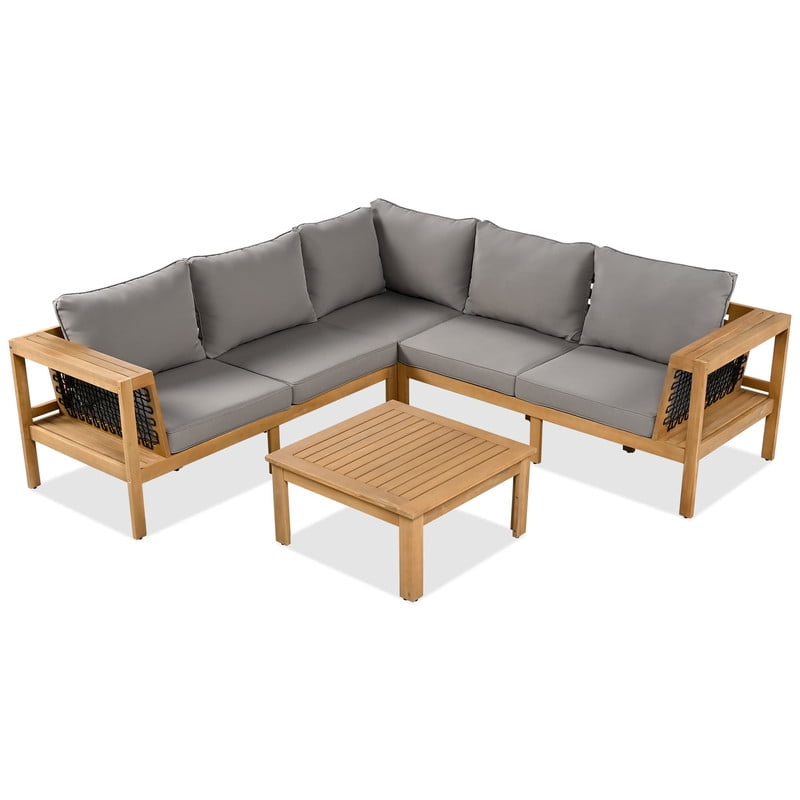 4 Pieces Outdoor Acacia Wood Sectional Sofa Set with Cushions & Coffee Table, Patio Furniture Set with Woven Mesh Armrests and Side Table