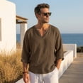 thumbnail image 3 of Mens Linen Shirt Breathable Long Sleeve T Shirts Pullover V Neck Loose Summer Casual Top Lightweight Quick Dry Tees, 2XL, 3 of 5
