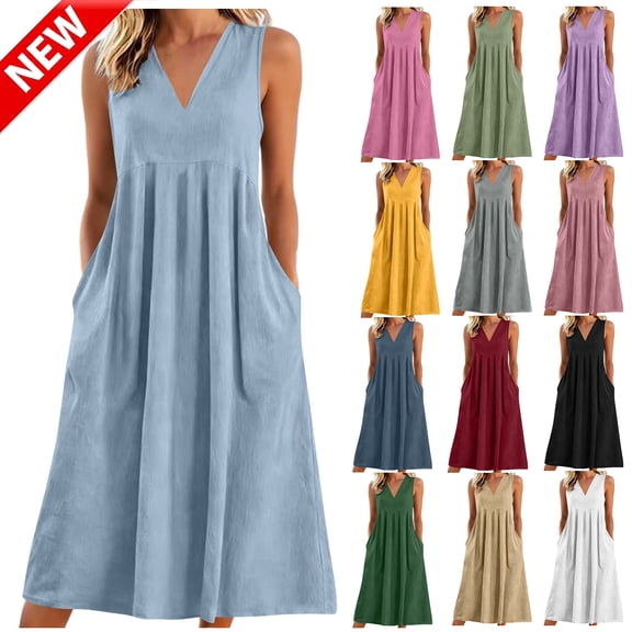 Tqyyweavej Summer Dresses for Women Linen Pleated Sleeveless Midi Dress A-Line Solid Color V Neck Dress with Pockets Size S to 2XL