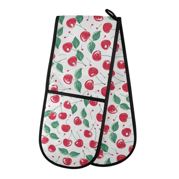 Dailycode Double Sided Oven Mitt with Loop Heat Resistant Kitchen Long Potholders 7" x 35" Cherry Fruit with Leaf