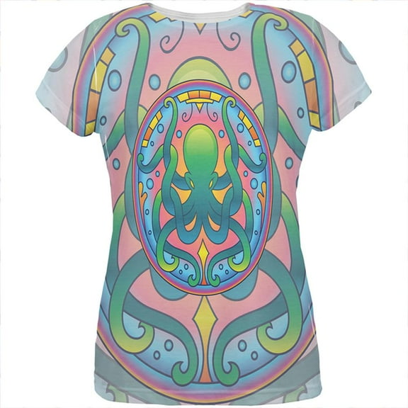 Mandala Trippy Stained Glass Octopus All Over Womens T Shirt Multi X-LG