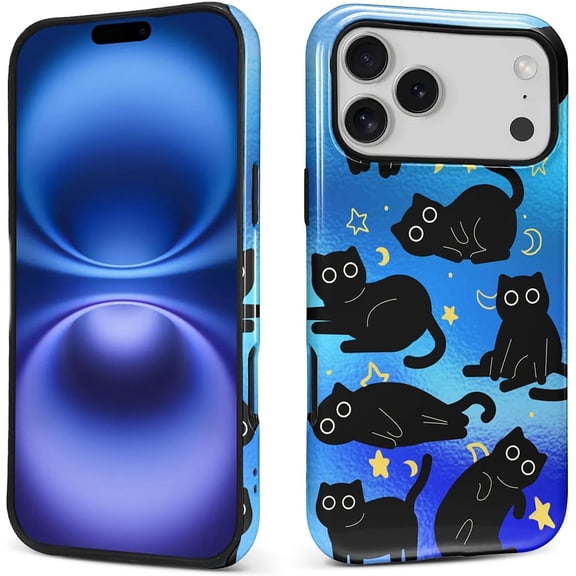 Case for iPhone 17 Pro Max, Hybrid Heavy Duty 2 in 1 Full Body Rugged Shockproof Protection Glossy Case for iPhone 17 Pro Max Shiny Black Cat