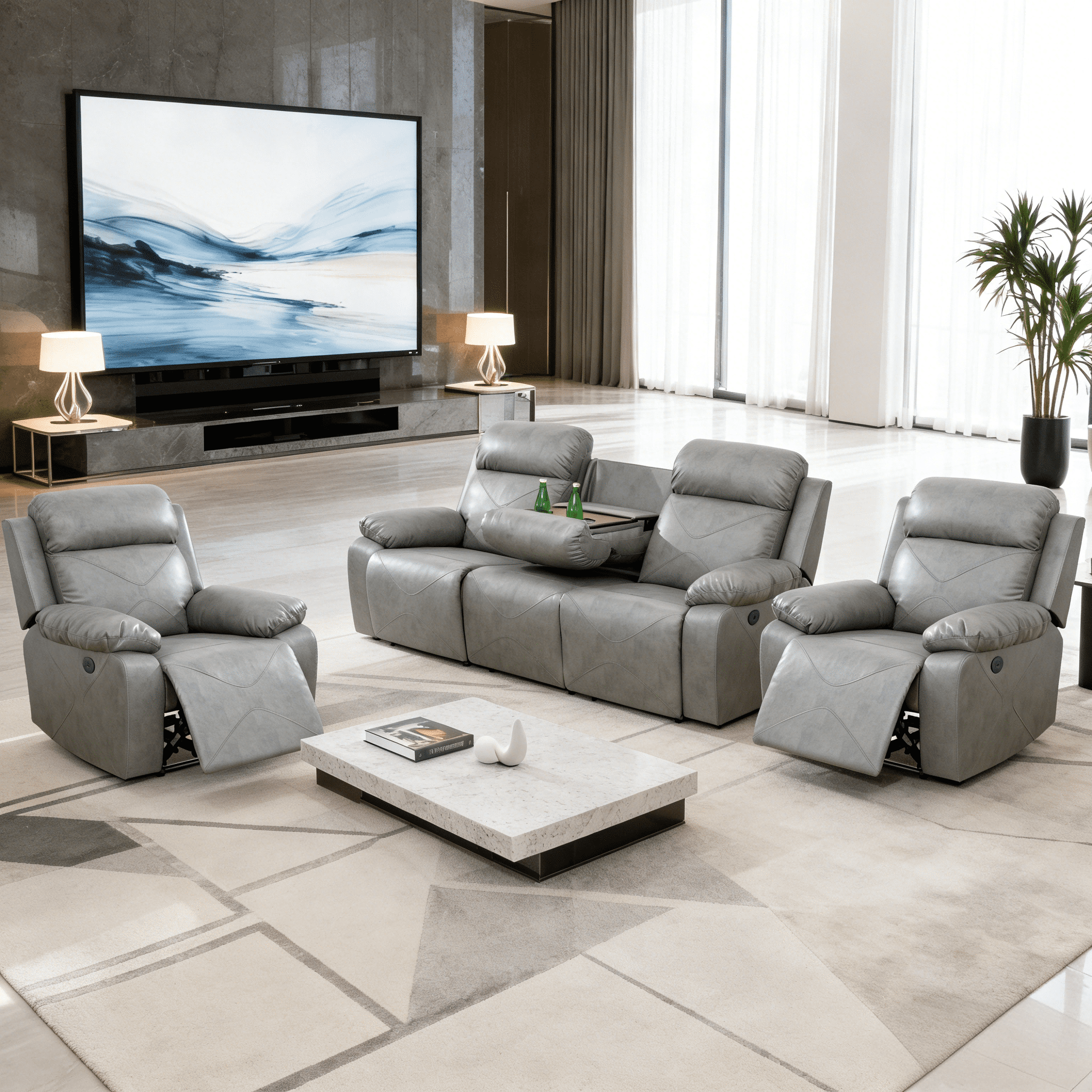Gewnee 3-Seater Power Adjustable Sofa with Two Chaises, Console and Cup Holders, Air Leather and High-Elastic Sponge, Adjustable Recline, Perfect for Living Room,Silver