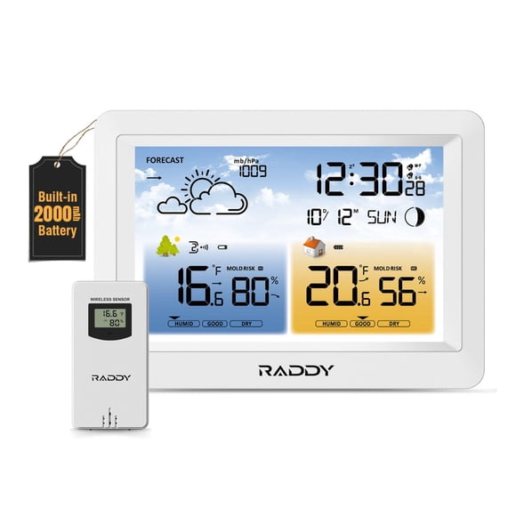 Raddy WM6 Weather Station Wireless Indoor Outdoor Thermometer Hygrometer Barometer w/Built-in 2000mAh Battery, Atomic Clock, Weather Foreca
