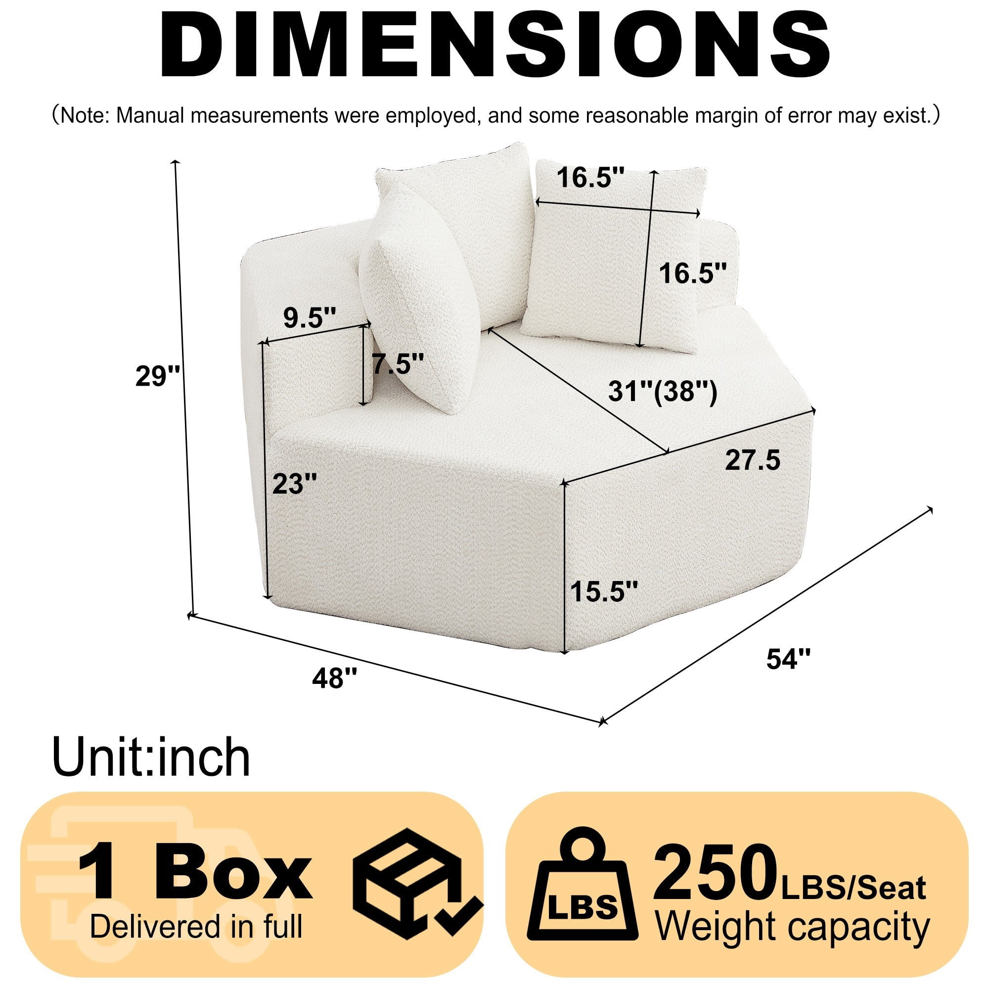 Sailvan 54" Modern Hexagonal Modular Circular Sofa, Chenille Upholstered Single Lounge Chair with 3 Pillows for Living Room & Game Room Beige