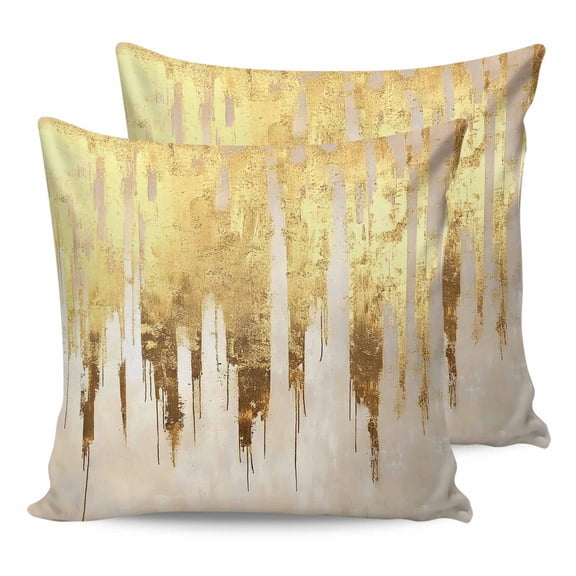 14x14 Pillow Covers Set of 2, Abstract Gold Throw Pillow Covers Decorative Couch Cushion Case, Modern Brush Luxury Strokes Artwork Microfiber Square Pillowcases for Bedroom Car Living Room