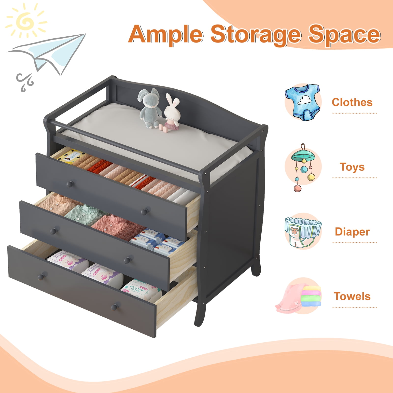 Roromall 3-Drawer Changing Table, Wooden Diaper Changing Table, Infant Diaper Changing Station Dresser with 3 Drawers, Safety Rail & Strap for Bedroom, Nursery
