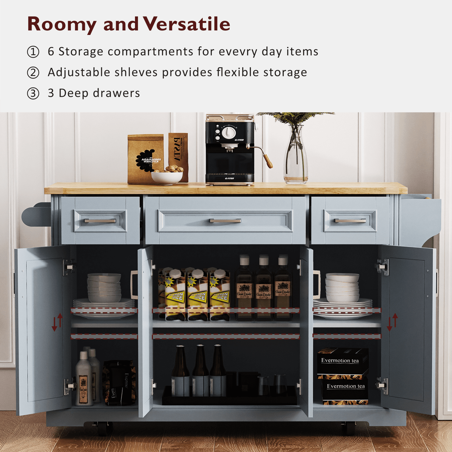 Harper & Bright Designs Large Kitchen Island with Drop Leaf, Rolling Kitchen Cart on 4 Wheels with Doors and 3 Drawers, Kitchen Island with Storage for Dining Room, Grey+Blue