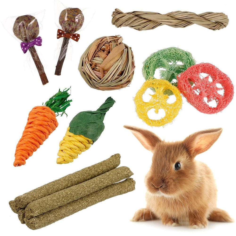 Topekada 14Pcs Rabbit Toy for Teeth, Bunny Toys, Rabbit Chew Toys, Bunny Chew Toys for Teeth, Loofah Wood Sticks Ball Toys for Rabbits, Guinea Pig, Chinchilla