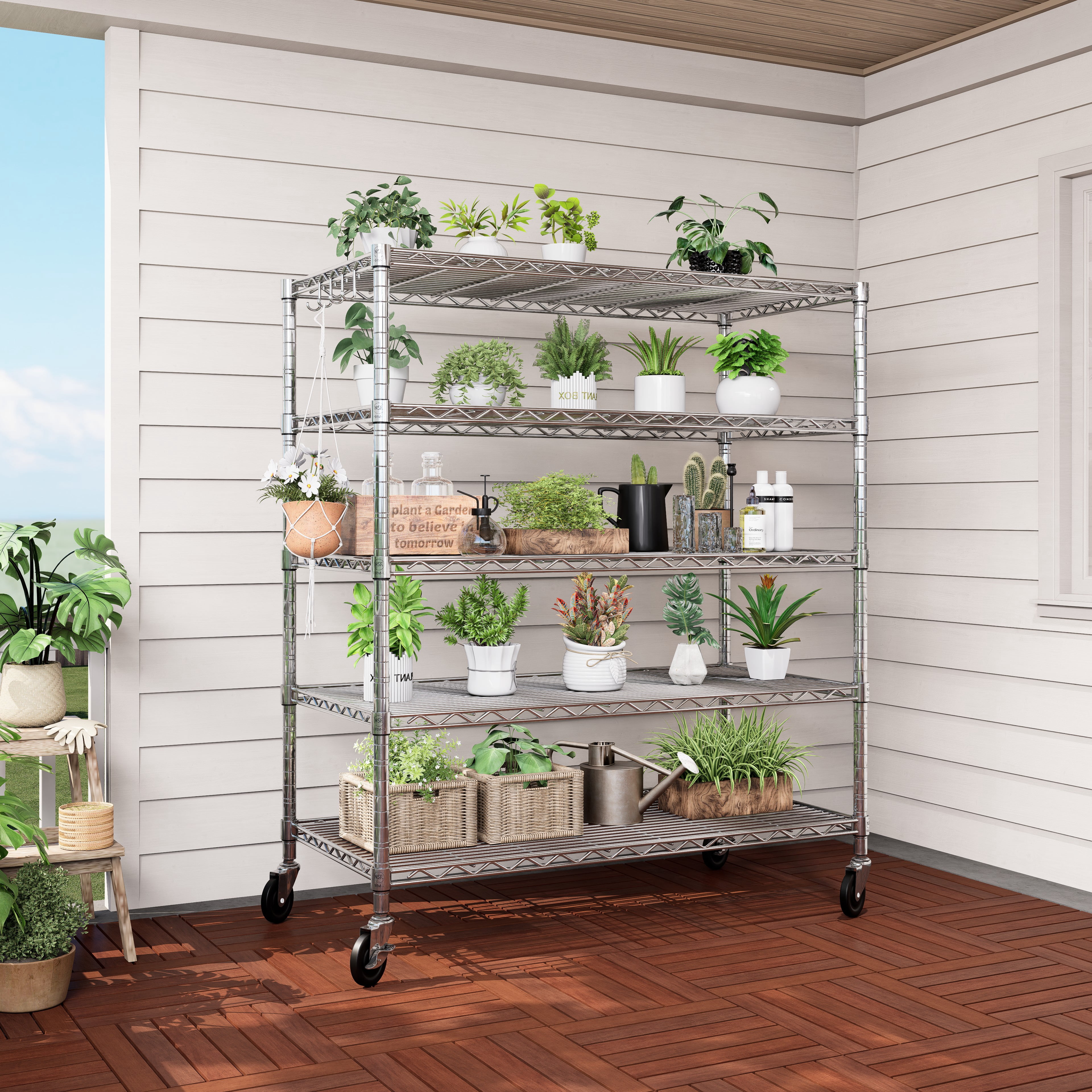 TrumanPick 5-Tier Wire Storage Shelves 81"H x 48"W x 24"D Pantry Organizer Heavy Duty Metal Shelf, Adjustable Wire Rack with Hooks, Garage Shelving Unit for Kitchen, Chrome
