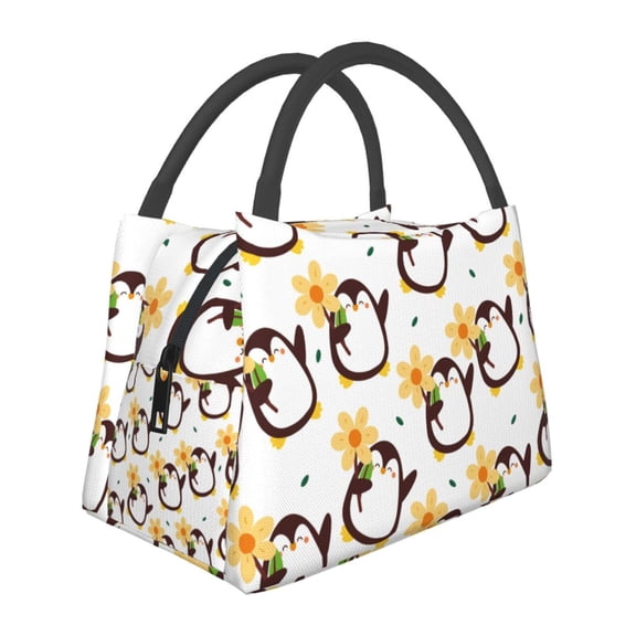 Vsdgher Penguin With Flowers Print Insulated Reusable Bags with Sturdy Zipper and Handles, Foldable Totes for Hot or Cold Food Bring or Delivery