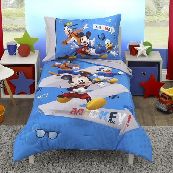 Juego de cama para niños pequeños, ropa de cama azul de 4 piezas con Mickey Mouse de Disney