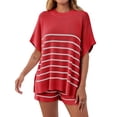 thumbnail image 3 of 2 Pcs Women Striped Outfits Oversized Batwing Short Sleeve Tops High Waisted Shorts Summer Knit Lounge Short Sets, 3 of 6