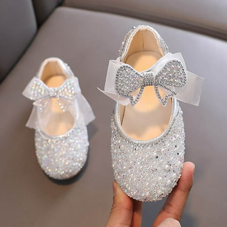 ATOGUTA Girls Formal Shoes Silver Ballet Shoes Flower Girls Mary Jane Flats Sequined Pearl Crystal Dress Shoes for Party Wedding