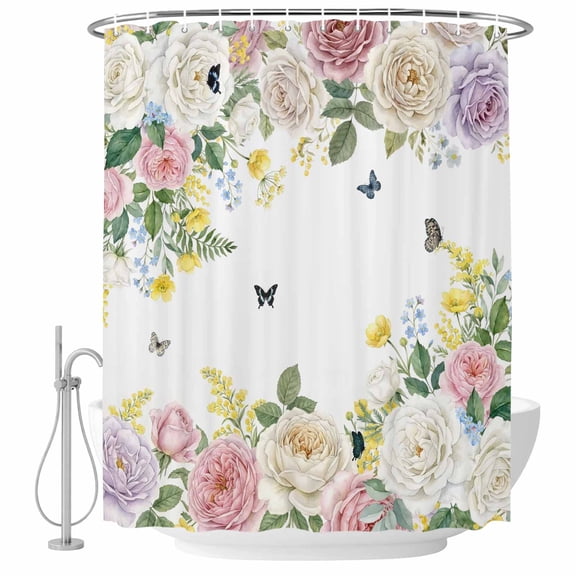 Pink White Flowers Shower Curtain, Waterproof Shower Curtains for Bathroom, Spring Floral Elegant Pastoral Botanical Washable Fabric Bathtub Curtain Set Bath Decor with 12 Hooks 72"x78"