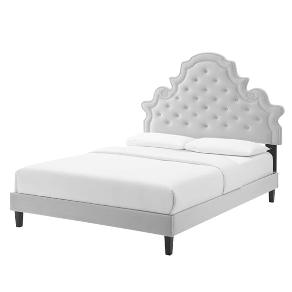 Tufted Platform Bed Frame, Queen Size, Velvet, Light Grey Gray, Modern Contemporary Urban Design, Bedroom Master Guest Suite