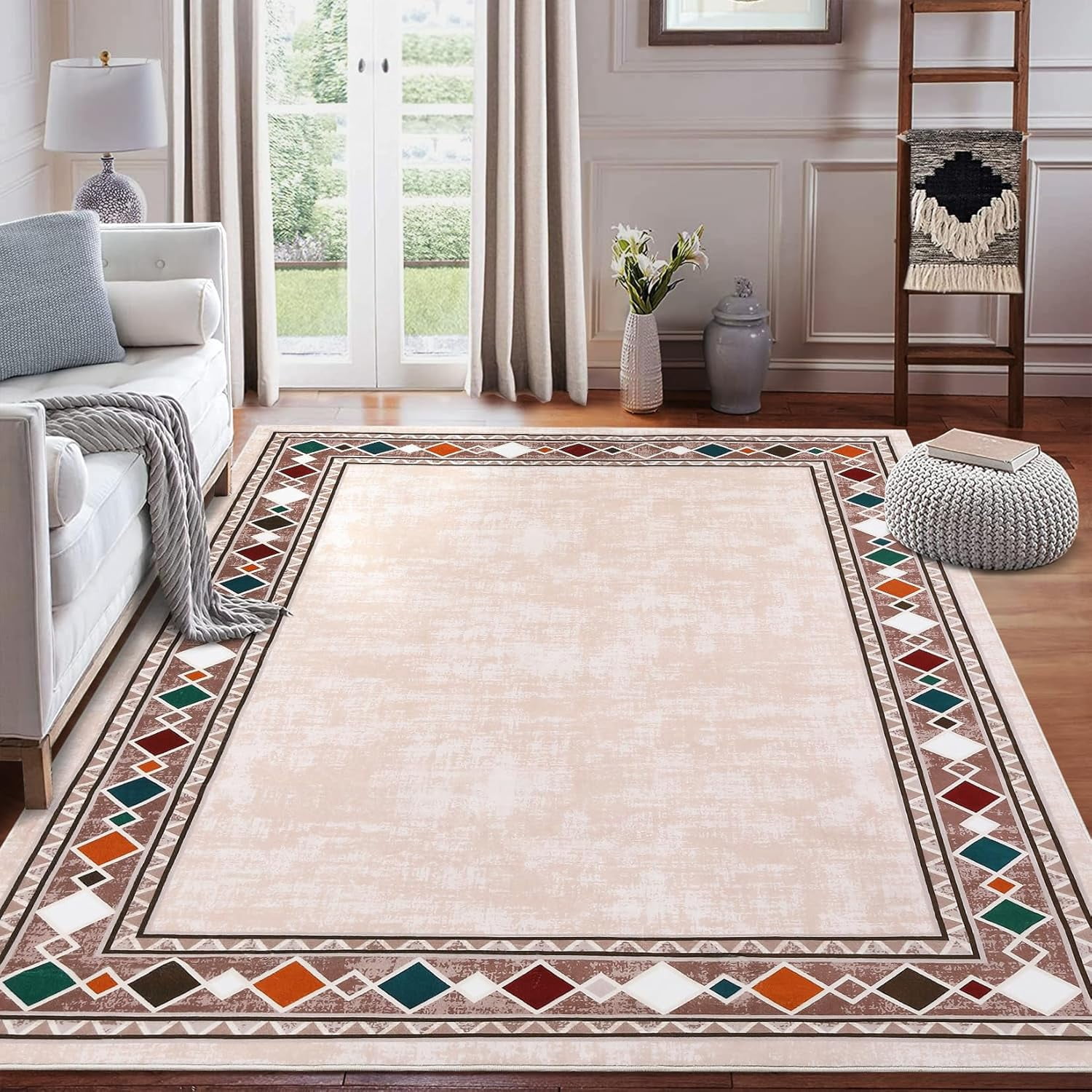 Shininglove Modern Bordered Area Rugs 8x10ft for Living Room, Machine Washable Low Pile Carpet with TPR Non-Slip Backing for Home Office(Beige)