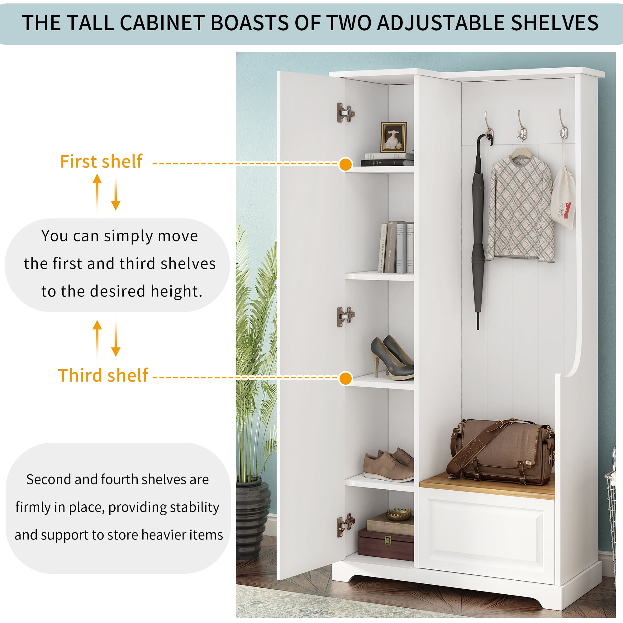 Leumius Hall Tree with Flip-Up Bench, Minimalist Hallway Shoe Cabinet with Adjustable Shelves, Multifunctional Furniture with Hanging Hooks for Entryways, Mudroom, White