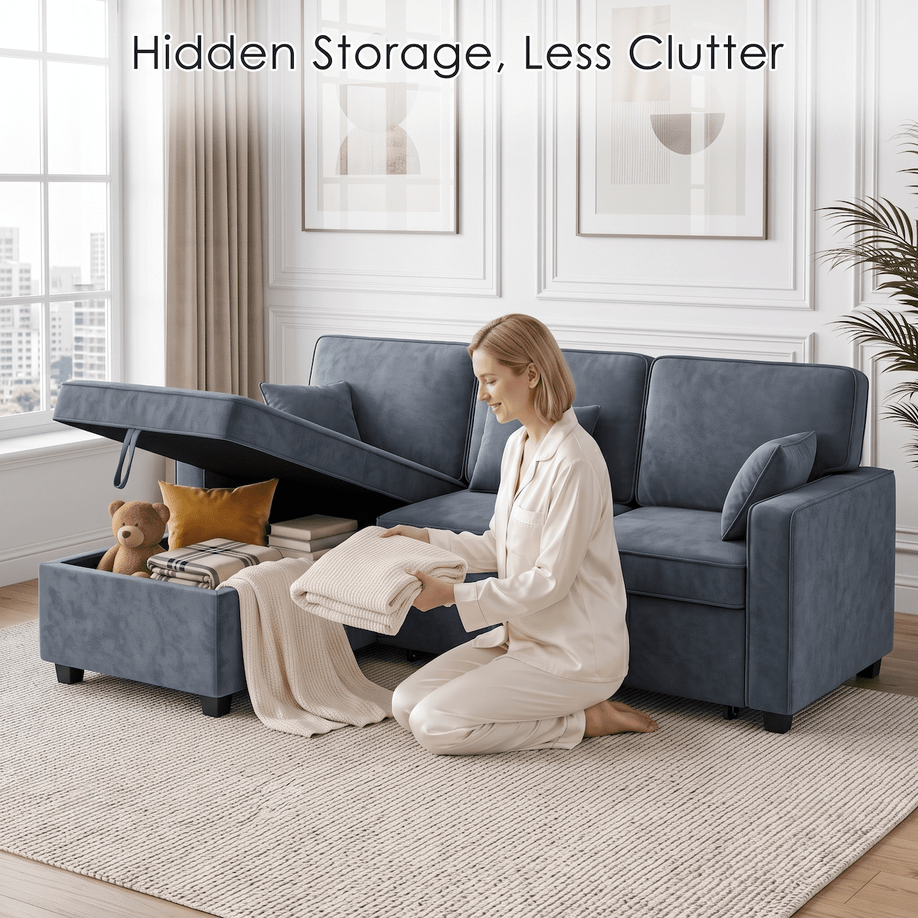 Convertible Sleeper Sofa Bed, 89" L Shaped Sectional Couch with Pull Out Bed, Storage Chaise, Charging Ports & Flip Down Console, Comfy Chenille Upholstered Sofa for Living Room, Navy Blue