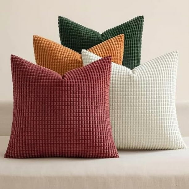 HAYAN Modern Farmhouse Decorative Pillow Covers 18x18 Inch Set of 4 Natural Rustic Throw Pillows Neutral Warm Soft Corduroy Couch Pillowcases Home Decor for Sofa Living Room Bed Christmas Red