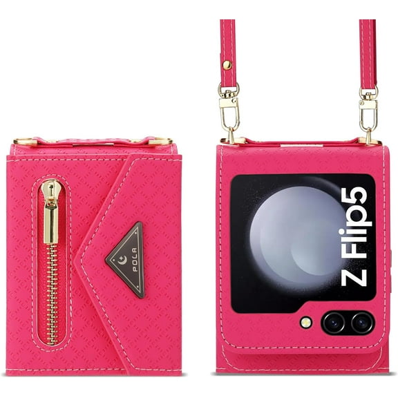Zipper Wallet Purse for Samsung Galaxy Z Flip 5 5G Crossbody Case with Credit Card Holder Strap Lanyard Women Kickstand Flip Leather (Rose, Z Flip 5)