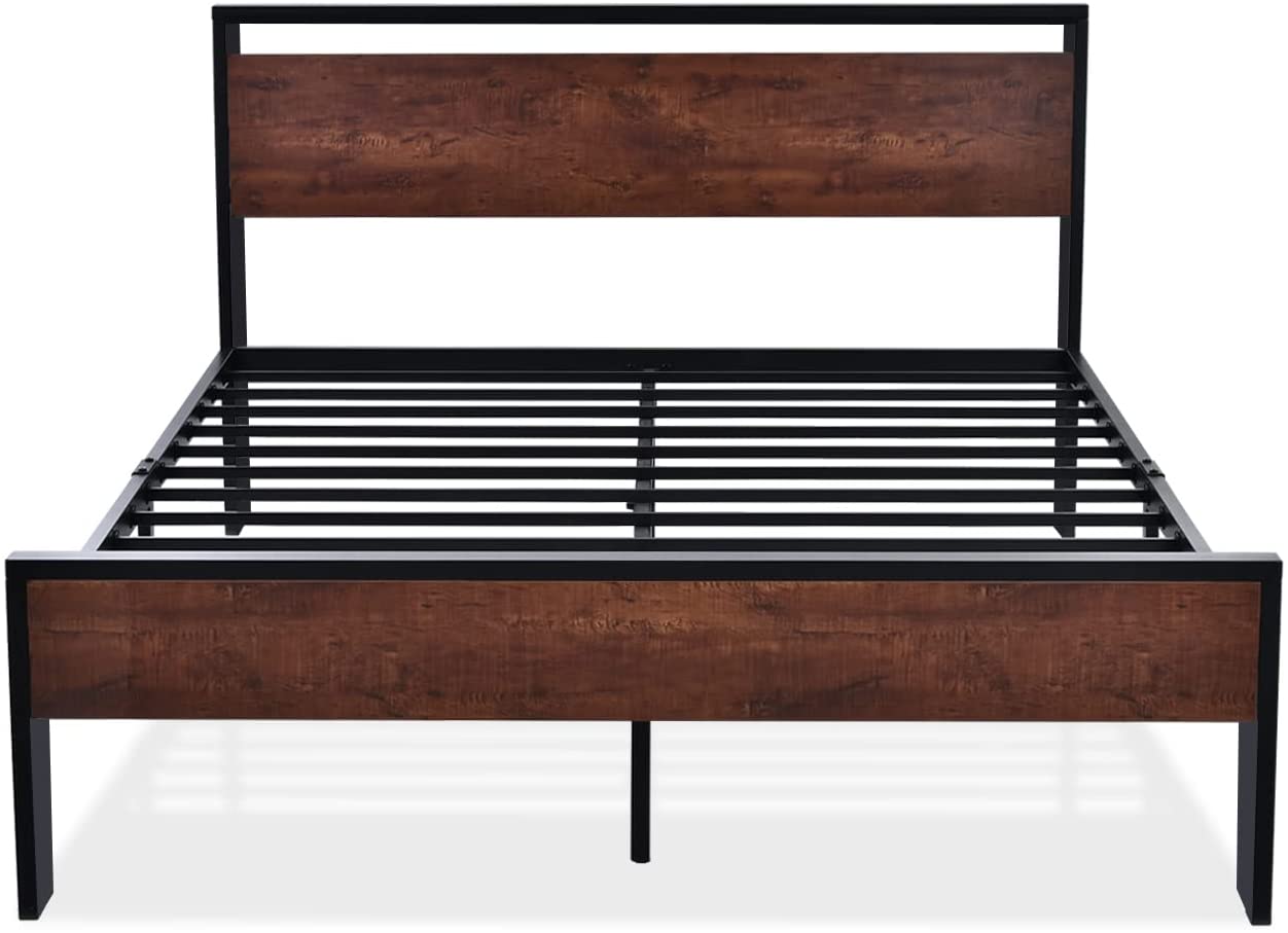 Buy Sha Cerlin Queen Metal Platform Bed Frame with Wooden Headboard for Adult, Mahogany Online