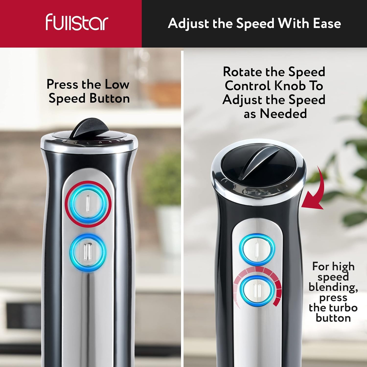 Fullstar - Handheld Electric Immersion Blender, 9-Speed, Hand Mixer for Kitchen - 3-in-1, Black