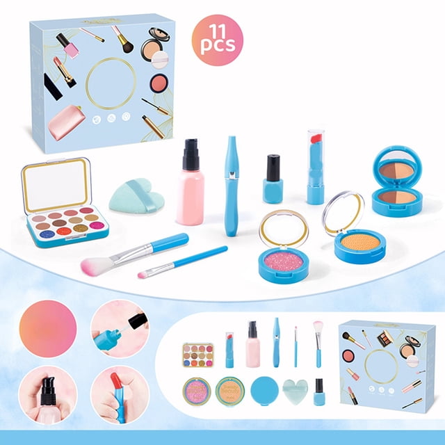 Set de maquillaje de imitación para niñas | Kit de maquillaje y maquillaje con espejo y pinceles | Accesorios de plástico azul para casita de juegos